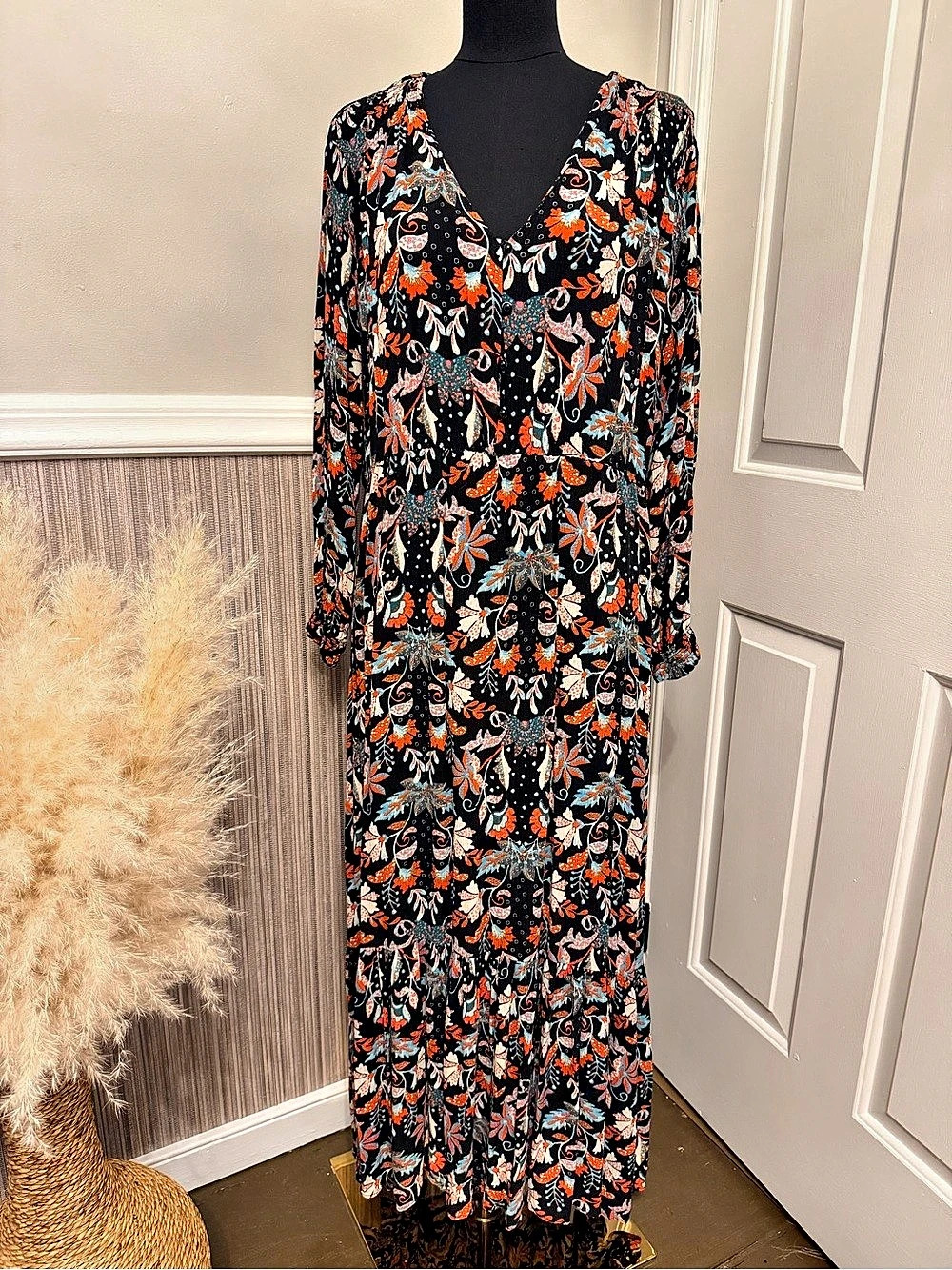 Wesley Rose Floral Paisley Boho Tiered Maxi Dress XL